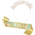 Detailed view of golden Birthday Girl tiara with rhinestones and glitter shoulder sash - Birthday Girl / Gold Set