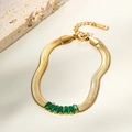 Golden stainless steel flat snake chain bracelet featuring a green emerald-cut zircon - Green Stone Inlaid Snake Chain Style (SB22060616GN)