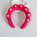 Pink velvet cloud headband with braided sponge sections and elegant pearl embellishments - Rose Red With Pearls