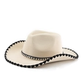 Close-up of beige fedora hat with silver metal studs and black braided edge detail - M (56-58cm) / Stitched Beige Hat with Black Edge