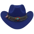 Close-up of blue wool felt cowboy hat with turquoise beads and bohemian tassels detail - One Size / Sapphire Blue