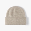 Minimalist oatmeal knit beanie hat for women featuring a soft wool blend fold-over cuff - Khaki
