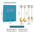 Eid Mubarak 4-piece gold stainless steel spoon and fork set in blue luxury gift box - Circle Gold Moon Star 4pcs Set Blue Box