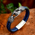 Bracciale da uomo in pelle intrecciata nera e blu con chiusura incisa stile vichingo - 18cm / Corda in Pelle Blu