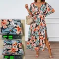 Floral print maxi dress with V-neck, high slit and elastic waist in orange and blue - 2XL / Orange