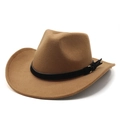 Close-up of wool western cowboy hat with black decorative band and golden metal buckle - M (56-58cm) / Light Coffee