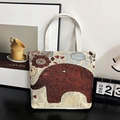 Ethnic woven canvas tote bag with red elephant embroidery and floral set patterns - Style 6 (Beige Elephant Floral)