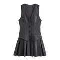 Completo due pezzi da donna grigio scuro a righe con gilet e gonna a pieghe - A righe