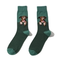 Detailed knit texture of dark green crew socks featuring brown cartoon dog patterns - 2-Dark Green Cartoon Dog
