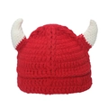 Funny red crochet knit beanie with white horns for unisex hip-hop style fashion - M (56-58cm) / Red