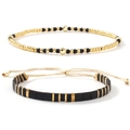 Detail von mehrlagigen Perlenarmbändern mit Goldperlen und schwarzen Tila-Steinen - 2-Teiliges Set - Schwarz-Gold Kombination Gewebtes Seil Set