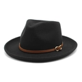 Sombrero fedora clásico de lana negra con banda de cuero marrón y hebilla dorada - M / Negro