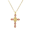 Collier croix dorée religieuse avec relief Vierge Marie et cristaux de zircone roses marquise - Rouge