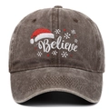 Brown washed cotton baseball cap with embroidered Christmas snowflake and Believe text - Coffee