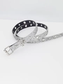 Detail of silver glitter Y2K belt featuring shiny metallic eyelets and sturdy buckle - 103cm(Size S) / 1.8cm Wide/Square Buckle / Silver