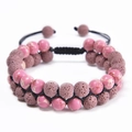 Close-up of double-layer woven bracelet with volcanic lava stone and purple spotted beads - Pink Purple Spotted Stone and Purple Lava Stone