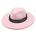Détail d'un chapeau en feutre rose avec ruban décoratif tissé noir et blanc élégant - M (56-58cm) / Rose