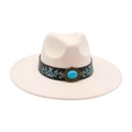Cappello fedora bianco crema a tesa larga con ricamo floreale e pietra turchese - Taglia unica / Beige (Ricamo Largo in Pelle)