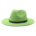 Close-up of neon green straw jazz hat with a black studded leather band detail - Fruit Green