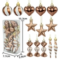 Christmas tree ornaments set in bronze and white glitter patterns with golden strings - 4cm Flat Box (13 Pieces) / Pinecone Color