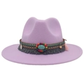 Detailed close-up of lavender wool fedora with ethnic turquoise beads and tassel band - Taro Purple
