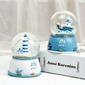 Palla di cristallo luminosa nautica con faro e barca su base blu con scritta Love - 3107 Mediterraneo (Palla di Neve 45mm)
