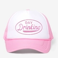 Adjustable pink and white trucker hat with Day Drinking embroidery on foam front - One Size / White Pink