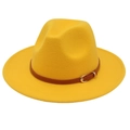 Detail of a bright yellow fedora hat showing a brown leather band and gold buckle - M (56-58cm) / Yellow