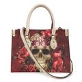 Halloween sugar skull and red rose digital print leather handbag with cream straps - Dark Red Rose Sugar Skull - Off-White Strap