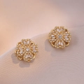 Golden flower earrings with micro-pave zircons on soft brown silk background - Gold Heart Earrings (E0281) / Gold