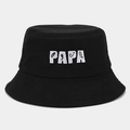 Detail of white PAPA embroidery featuring fishing silhouettes on a black cotton bucket hat - M(56-58cm) / Black