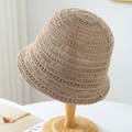 Hollow knit bucket hat in light brown khaki finish on a wooden stand for women - M(56-58cm) / Hollow Knit Style (5634) / Dark Gray