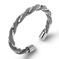 Sleek stainless steel twisted cable open cuff bracelet for men and women - White Gold