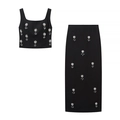 Set nero due pezzi con top corto e gonna midi decorati con ricami floreali in cristallo - S / Nero