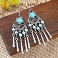 Bohemian silver earrings with square blue turquoise stones and long metal fringes - Square Stone Long Tassel (S1845)
