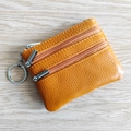 Orange genuine leather coin purse with three zipper pockets and a silver key ring - Dark Yellow
