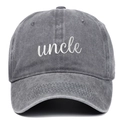 Detailed view of Uncle embroidery on dark grey vintage washed cotton baseball cap - Adjustable / Uncle / Gray