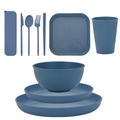 Blue wheat straw picnic dinnerware set with tray, bowl, plates, cup and cutlery - Blue 10pcs Set