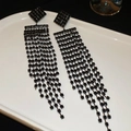 Elegant black long tassel drop earrings with sparkling rhinestones and rhombic stud design - Gun Black Rhombus Straight Tassel Style (Silver Earring Post)