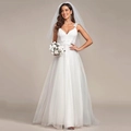 Elegant white lace deep V-neck wedding dress with layered tulle skirt and matching bridal veil - US 2 / White