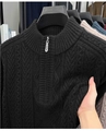 Men's black cable knit sweater featuring a half-zip stand collar and elastic fabric - M / Black