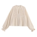 Chic beige long sleeve V-neck shirt featuring exquisite floral embroidery and ruffled cuffs - XS / Apricot