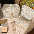 Floral quilted cotton travel cosmetic bag set including pouch and wash bag - Large / Blue Floral