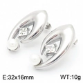 Silver stainless steel oval earrings with white pearl and square crystal in leaf design - Silver