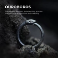 Handcrafted 925 sterling silver Ouroboros ring with detailed scales on black stone - Adjustable Open / Male Style
