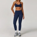 Conjunto de yoga de 3 piezas en tela cepillada con sujetador en V y leggings azul marino - S / Sujetador + Pantalones -- Azul Insignia
