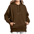 Detail of solid brown hooded sweatshirt featuring a ribbed cuff and front kangaroo pocket - S / Dark Brown