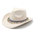 Detail of beige felt cowboy hat featuring bohemian colorful beaded decorative band - M (56-58cm) / Beige