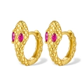 Golden snake hoop earrings with red crystal eyes and detailed 3D scale texture - 925 Silver / Gold - Rose Red Zirconia