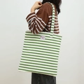 Minimalist green and white striped canvas tote bag featuring a Refreshing Day patch - Single Layer Stripe - Green